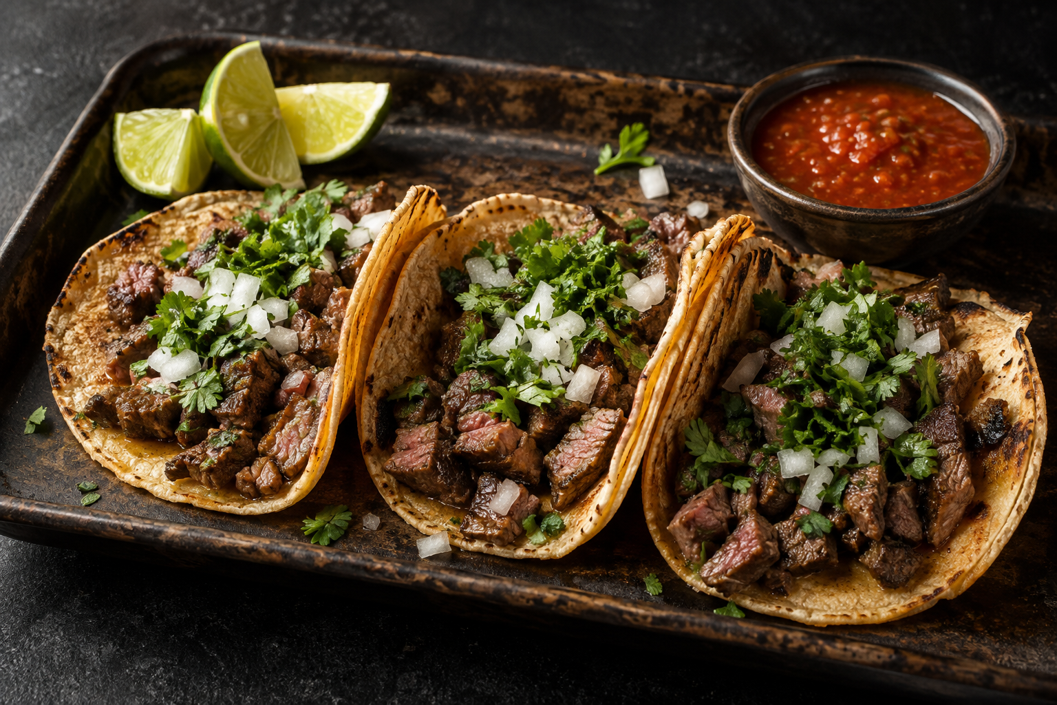 Carne asada street tacos with cilantro, onion, lime, and salsa